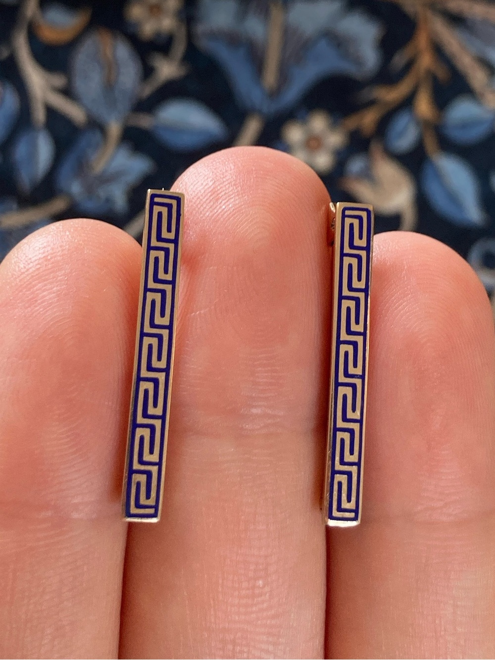Rare Victorian 10K Taille d’Epargne Blue Enamel Greek Key/Meander Lace Pins